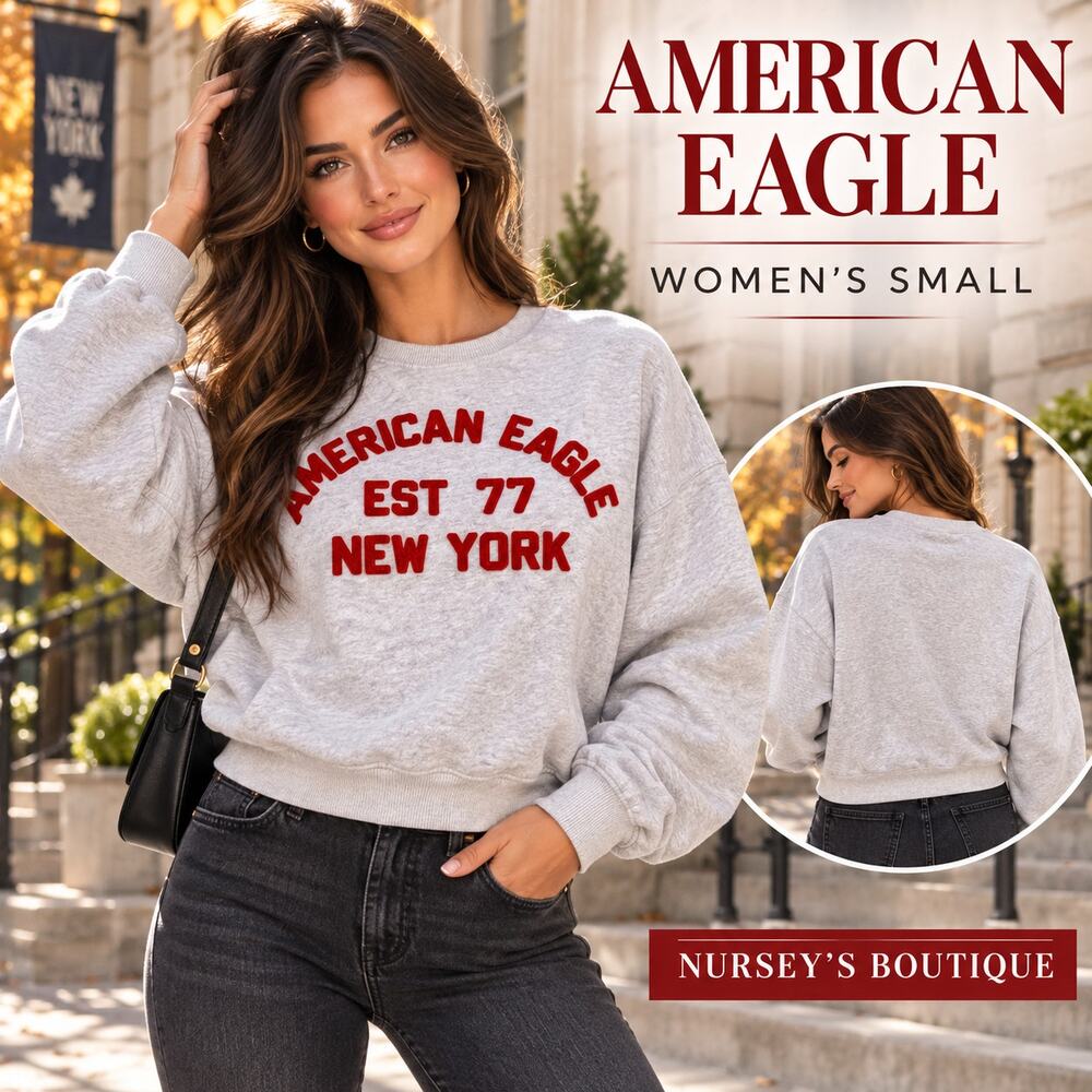 American Eagle Womens S Oversized Chenille Logo Sweatshirt Gray Red